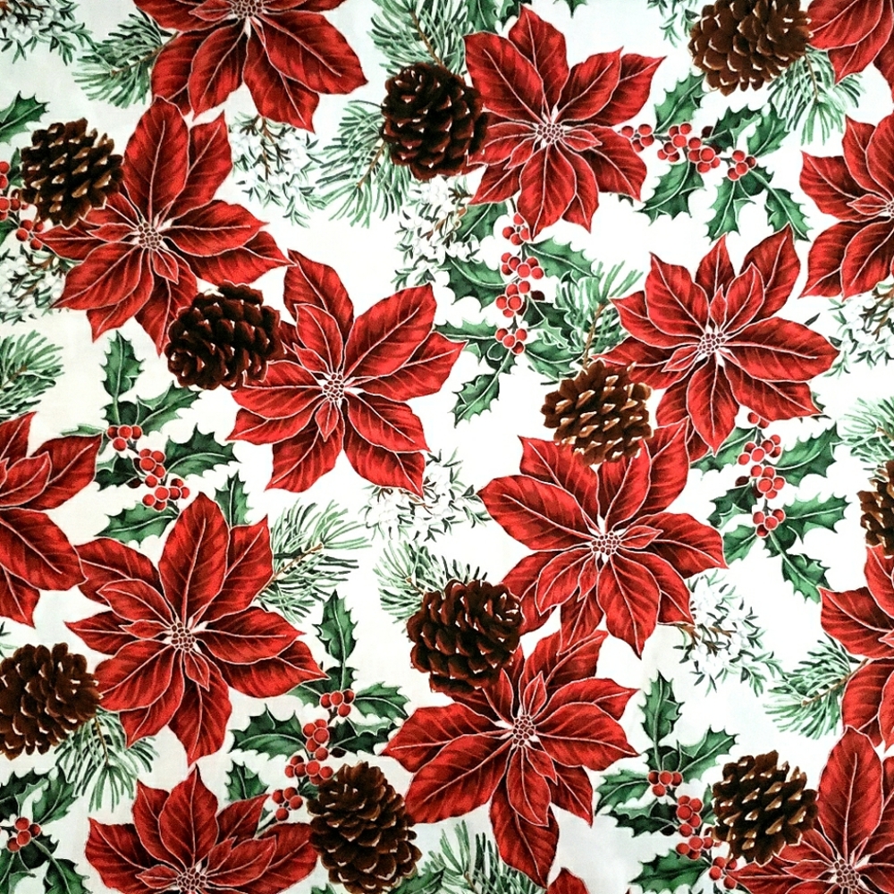 Warm Wishes #N7525, Poinsettias, Pinecones & Holy Silver Frost, Approx 72" x 44"